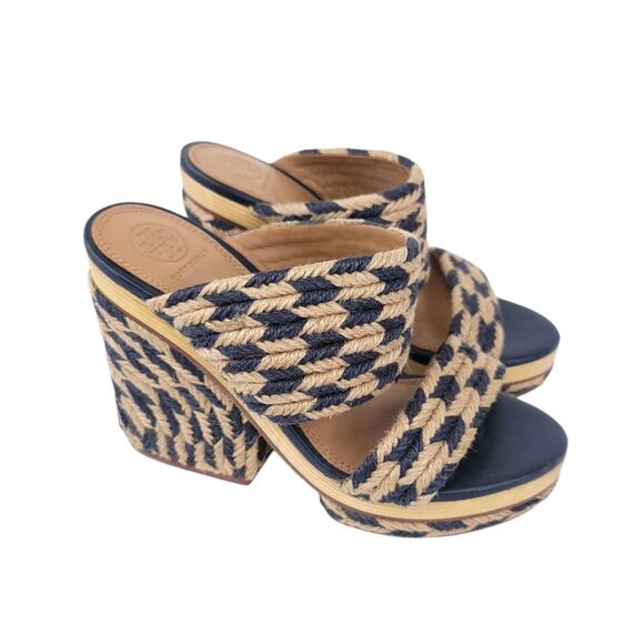 Tory Burch Heels Womens 8 Sandals Slip On Platform Slide Chunky Jute Woven Lola - Picture 1 of 10